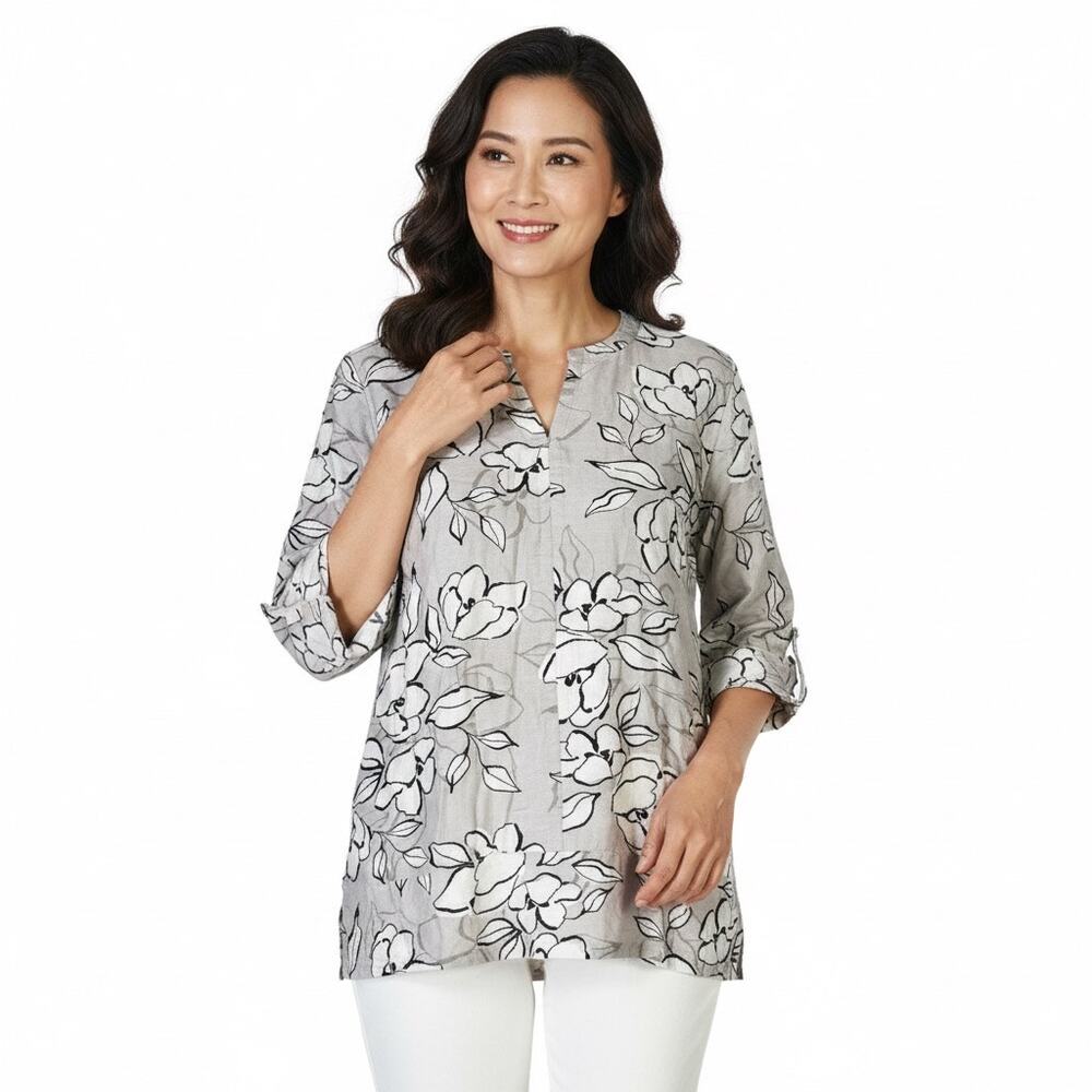 J. Jill Floral Viscose Linen V-Neck 3/4 Sleeve Top Sz L Tan Coastal Grandmother